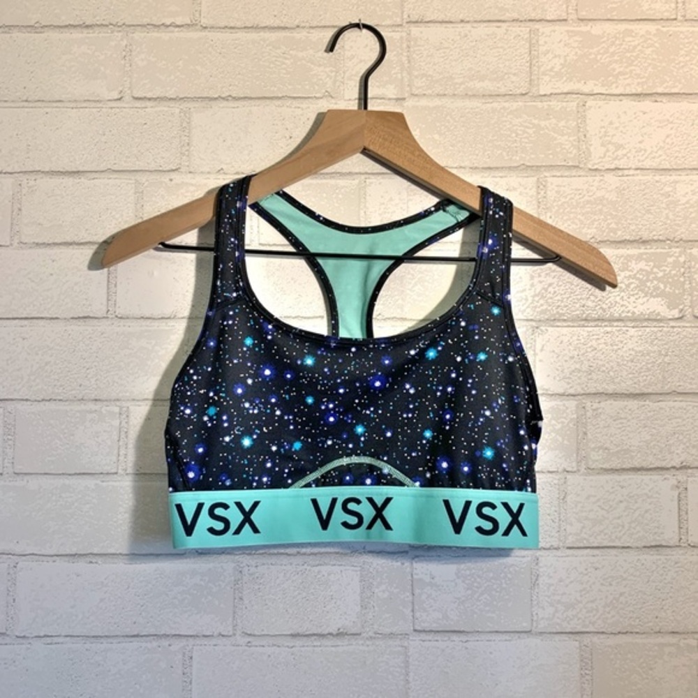 Victoria's Secret Sport VSX Black and Blue Galaxy Print Sports Bra M - Picture 1 of 3